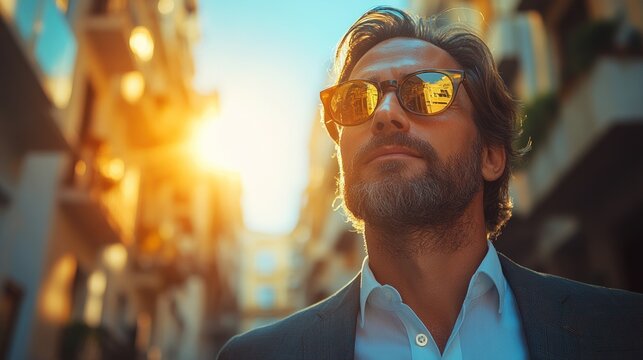 Man in sunglasses walking through a sunlit street. - Powered by Adobe