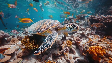Obraz premium Sea Turtle in Coral Reef Paradise: A Colorful Underwater Scene
