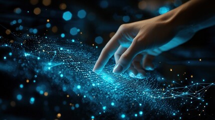 Fingertip Touching Digital Interface Surrounded by Bright Blue Particles and Glowing Connections, Symbolizing Technology, Innovation, and Future Interaction