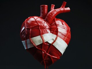 A 3D rendered image of a human heart with adhesive bandages.