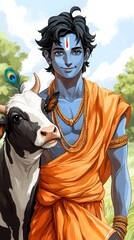 Shri Krishna with Cow in Artistic Portrait