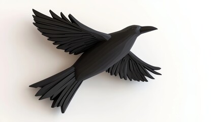 Naklejka premium 3D icon of a black crow flying, minimalistic, isolated with a subtle shadow on a white background, representing misfortune on Friday the 13th