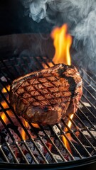 Piece of meat is on a grill and is cooking