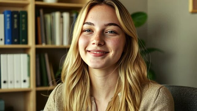 Portrait of a happy young professional woman integrative psychologist with long blonde hair, seated in a cozy armchair in her office therapy room, gazing off with a positive demeanor