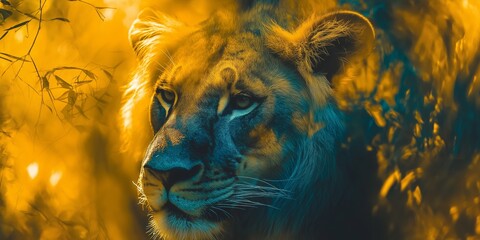 A close-up of a lion’s serene face radiates power and tranquility in a warm, golden environment.