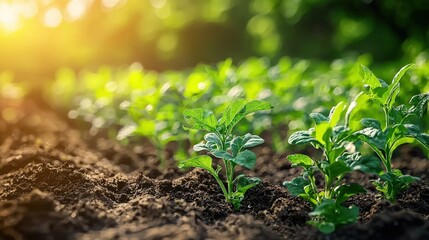 Green Vegetable Plants Growing in the Soil with Sunlight in the Background, Representing Freshness and Agricultural Development