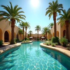 Fototapeta premium Oasis Retreat: Lush Desert Landscape with Sparkling Pool