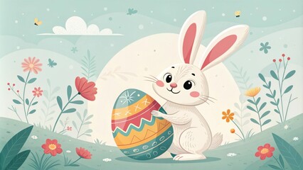 Cheerful bunny holding decorated Easter egg, joyful spring scene, cartoon style, festive celebration