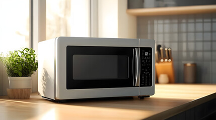 Obraz premium a modern white and black microwave in a house kitchen on the kitchen table. image used for an ad. Generative AI