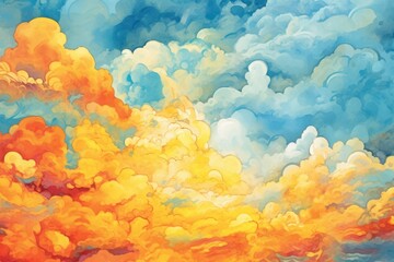 A cheerful illustration of bright, fluffy clouds in a mix of vivid yellows, fiery reds, and soothing blues, resembling a playful scene from a childrens book