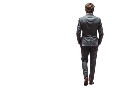 A businessman walking away, dressed in a formal suit. This image captures a sense of professionalism and determination against a white isolated background.