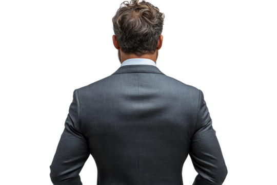 A business professional in a suit, viewed from behind, showcasing confidence and sophistication against a white isolated background.