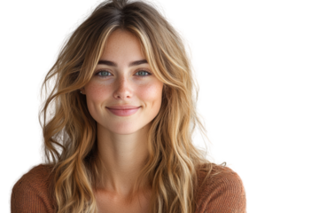 A cheerful young woman with long hair smiling warmly at the camera, exuding positivity and confidence against a white isolated background.