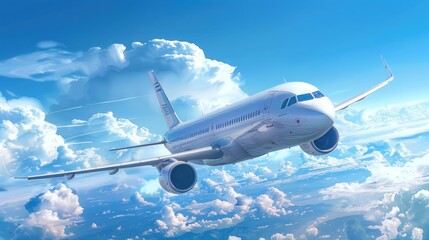 Obraz premium Passenger airplane soaring through a breathtaking expanse of clouds under a vibrant blue sky.