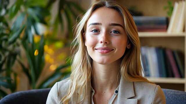Portrait of a happy young professional woman integrative psychologist with long blonde hair, seated in a cozy armchair in her office therapy room, gazing off with a positive demeanor