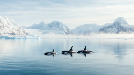 Fototapeta premium Three orcas swim in perfect synchrony, showcasing their natural grace against a stunning backdrop