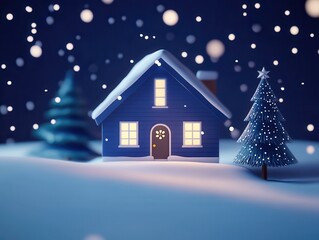 Fototapeta premium Cozy winter night at a blue house surrounded by snowflakes and festive decorations in a serene landscape