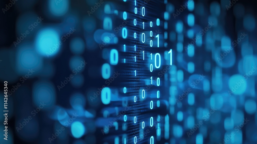 Poster A digital binary code background with blue glowing numbers on a dark, blurred digital screen, symbolizing technology and data protection in the online world, ideal for tech ads, data security market