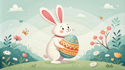 Happy bunny carrying decorated Easter egg, vibrant spring scene, cartoon style, joyful celebration