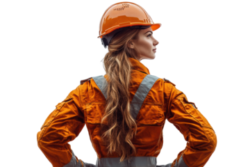 A confident female construction worker in an orange safety uniform and hard hat, standing with hands on hips against a white background.