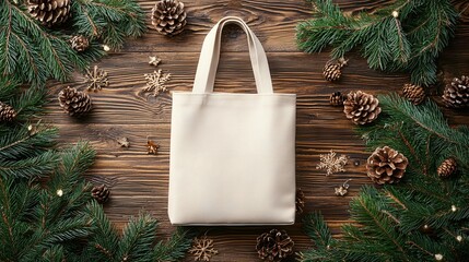 Minimalist fabric bag surrounded by pine branches and pine cones on a wooden surface during the...