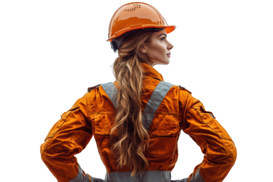 A confident female construction worker in an orange safety uniform and hard hat, standing with hands on hips against a white background.