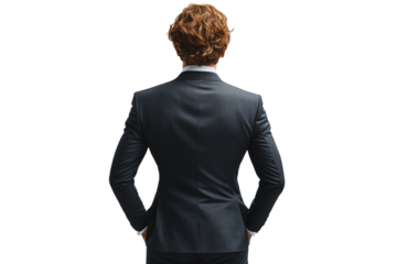 A confident man in a suit standing with his back to the camera, exuding professionalism and elegance on a white isolated background.