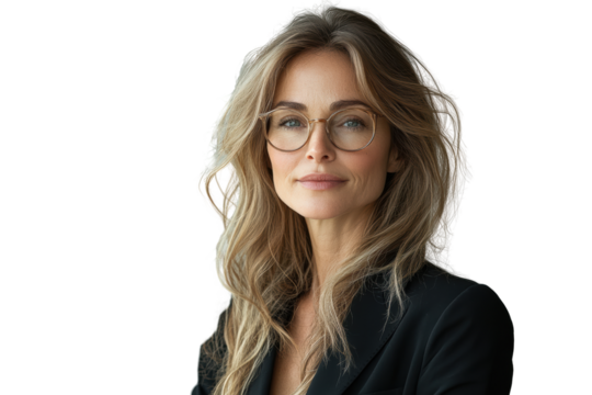 A confident woman with long blonde hair and glasses, dressed in a black blazer, standing against a transparent background.