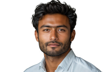 Obraz premium A confident young man with curly hair and a well-groomed beard, wearing a light shirt against a white background.
