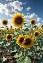 Obraz premium Sunflowers in a vast open space with blue sky and white clouds, nature, sunshine