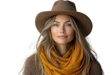 A confident woman with long hair, wearing a brown hat and a mustard scarf, smiles warmly against a white isolated background.