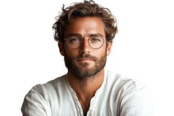 A confident young man with glasses and curly hair, dressed in a casual white shirt, looking thoughtfully at the camera. Isolated on a white background.