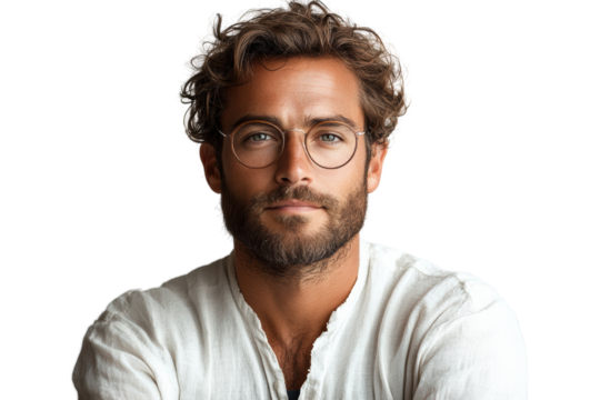 A confident young man with glasses and curly hair, dressed in a casual white shirt, looking thoughtfully at the camera. Isolated on a white background.