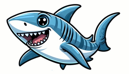 Naklejka premium A cheerful cartoon shark with big eyes and a wide smile swimming happily in the ocean.