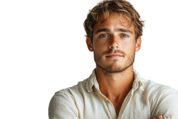 A confident young man with styled hair, wearing a casual shirt, poses thoughtfully with arms crossed against a white background.