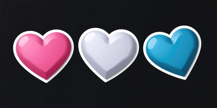 A vibrant set of heart stickers showcasing pink, white, and blue designs, ideal for adding a personal touch to Valentine's Day cards, messages, and decorations
