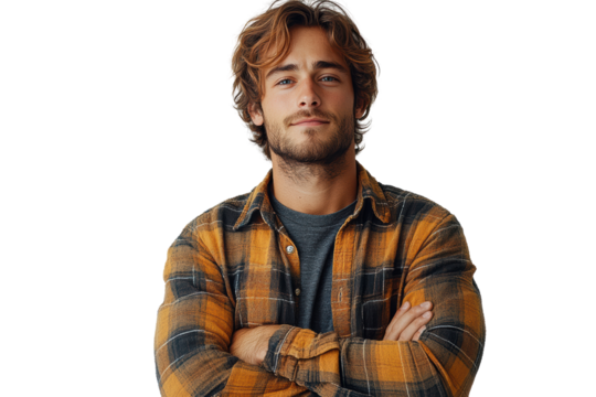 A confident young man with tousled hair, wearing a plaid shirt and smiling. Ideal for lifestyle, fashion, or personal development themes.