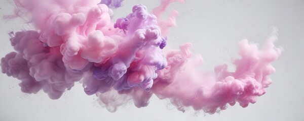 Fototapeta premium Swirling white, pink and purple smoke dispersion against white backdrop, colorful, mist, vibrant, pastel, billowing