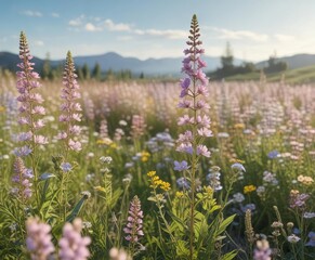 Tall pastel-colored wild flowers in a field under a clear sunny sky, blooming, floral, soft, pastel, sunshine