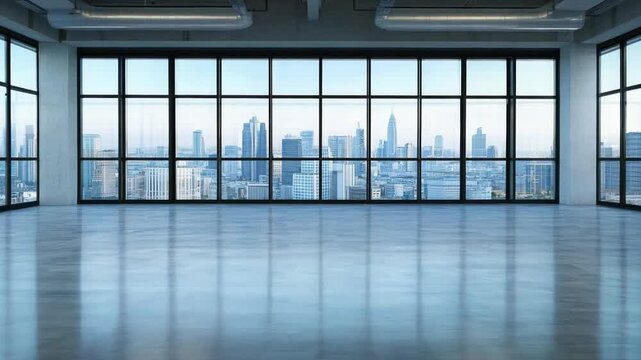 Modern empty office space with large windows and city skyline view during daylight hours