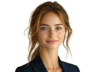 A confident young woman with a warm smile, wearing a dark blazer and standing against a white background, exuding professionalism and approachability.