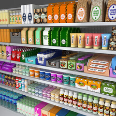Supermarket shelves mockup with dairy and other food products. 3d illustration
