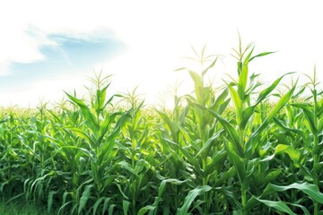 Obraz premium A field of sweet corn plants basking in the sunlight, showcasing their tall green stalks and bright yellow ears ready for harvest