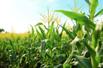 Obraz premium A field of sweet corn plants basking in the sunlight, showcasing their tall green stalks and bright yellow ears ready for harvest