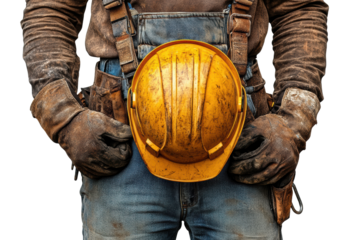 A construction worker holding a yellow hard hat, symbolizing safety and professionalism in the building trade on a white isolated background.