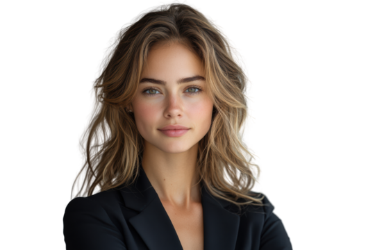 A confident young woman with wavy hair wearing a blazer, looking directly at the camera with a subtle smile, isolated on a white background.
