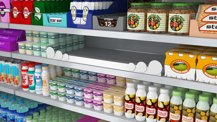 Supermarket shelves with dairy and other food products and circle shaped shelf talker, design template for mockup. 3d illustration