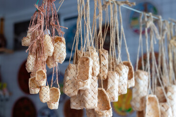 Bast shoes, ancient footwear which was weaved from strips of a bark of a tree. Russian souvenirs