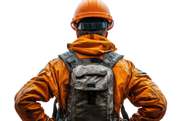 A construction worker in an orange jacket and hard hat stands with a backpack, looking out into the distance. Ideal for industry-related themes.