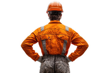 A construction worker in an orange safety jacket and hard hat stands with hands on hips, showcasing a strong, confident posture against a white background.